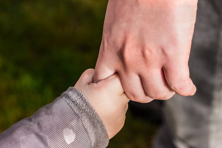 A close-up of a child and parent holding hands in a park, symbolizing love and trust.